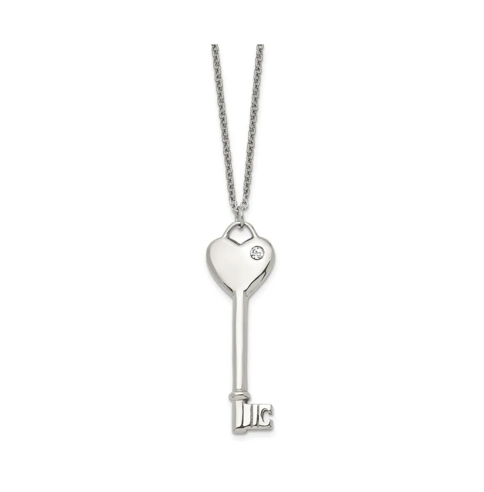 Chisel Polished with Cz Heart Key Pendant on a Cable Chain Necklace