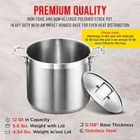 Stockpot – 12 Quart – Brushed Stainless Steel – Heavy Duty Induction Pot with Lid and Riveted Handles – For Soup, Seafood,