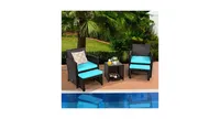 5 Pieces Patio Rattan Furniture Set with Ottoman and Tempered Glass Coffee Table-Turquoise