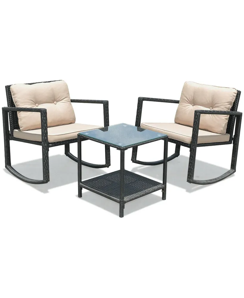 3 Pcs Wicker Rocking Bistro Set with Glass Coffee Table and Storage Shelf