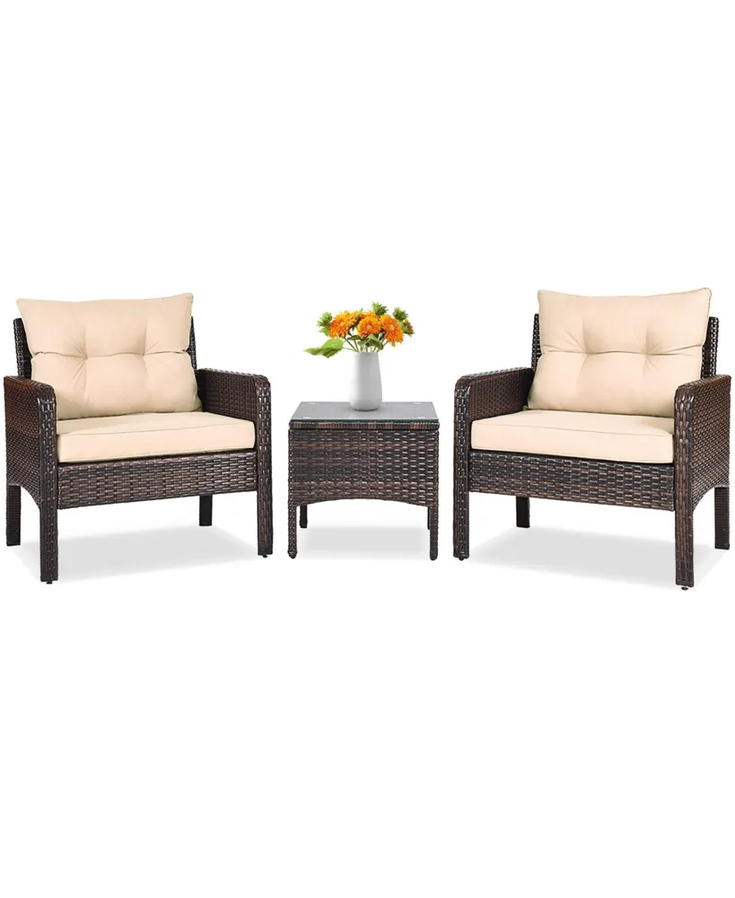 3 Pcs Outdoor Patio Rattan Conversation Set with Seat Cushions