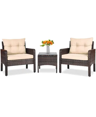 3 Pcs Outdoor Patio Rattan Conversation Set with Seat Cushions