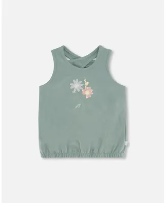 Girl Organic Cotton Tank Top With Print Olive Green