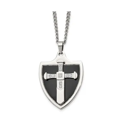 Chisel Black Ip-plated Cz Cross Shield Pendant Curb Chain Necklace