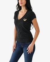 True Religion Women's Short Sleeve Horseshoe Slim V-neck T-shirt