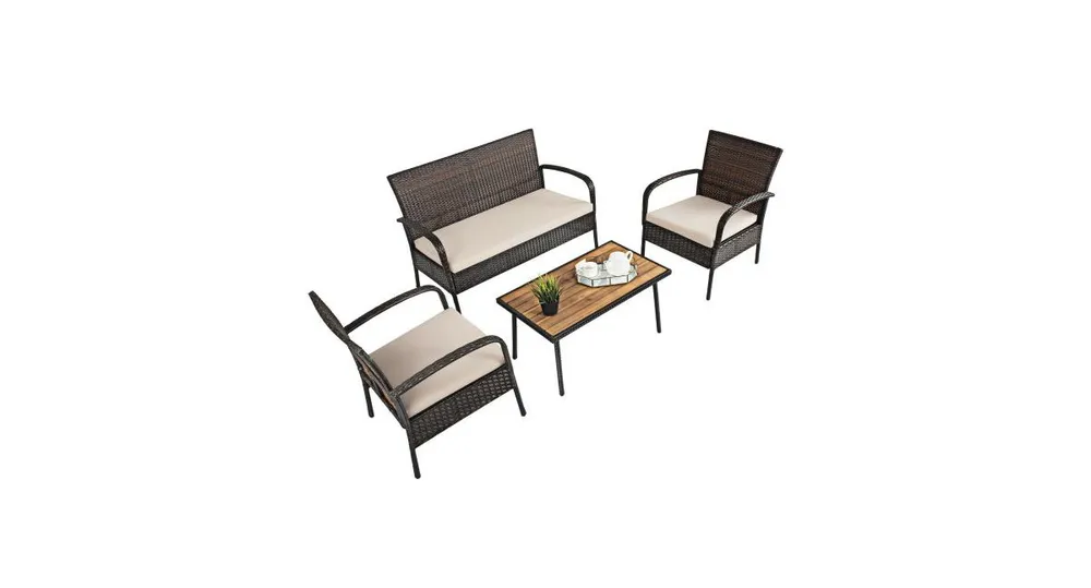 4 Pieces Patio Cushioned Wicker Conversation Set with Acacia Wood Tabletop