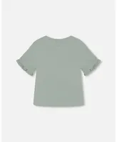 Girl Organic Cotton Top With Print And Frills Olive Green