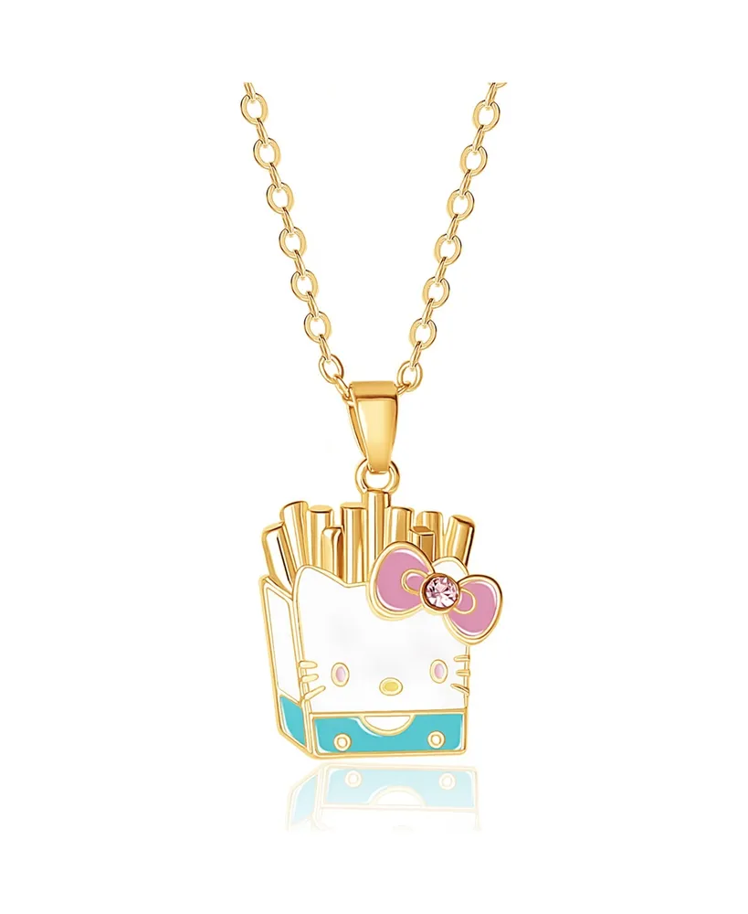 Sanrio Hello Kitty Brass Enamel and Pink Crystal Cafe French Fries 3D Pendant, 16+ 2'' Chain