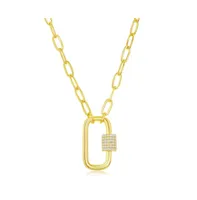 Sterling Silver or Gold Plated Over Cz Oval Carabiner Paperclip Necklace