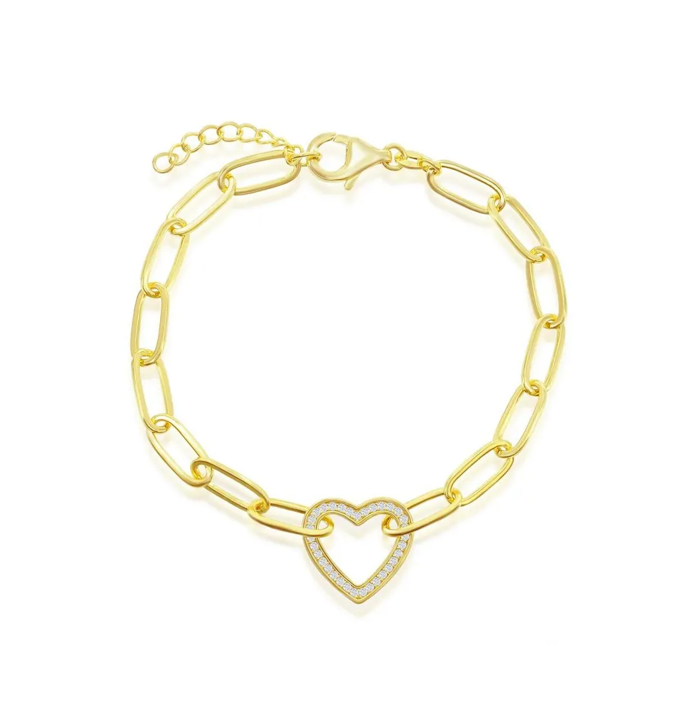 Sterling Silver or Gold Plated Over Cz Heart Paperclip Bracelet