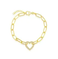 Sterling Silver or Gold Plated Over Cz Heart Paperclip Bracelet