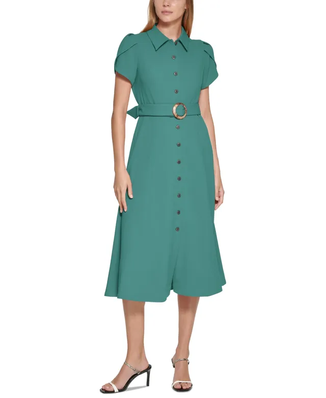 Women's Short-Sleeve Belted Midi Dress