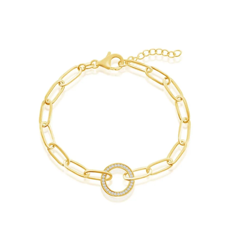 Sterling Silver or Gold Plated Over Cz Circle Paperclip Bracelet