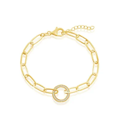 Sterling Silver or Gold Plated Over Cz Circle Paperclip Bracelet