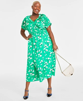 On 34th Trendy Plus Floral-Print Smocked Midi Dress, Created for Macy's