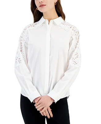 T Tahari Women's Lace Sleeve Button-Down Top