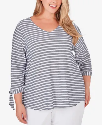 Ruby Rd. Plus Size V-neck Light Weight Stripe Knit Top with Tie Sleeve Detail