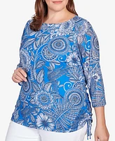 Ruby Rd. Plus Size Ballet Neck Hummingbird Garden Printed Mesh Top