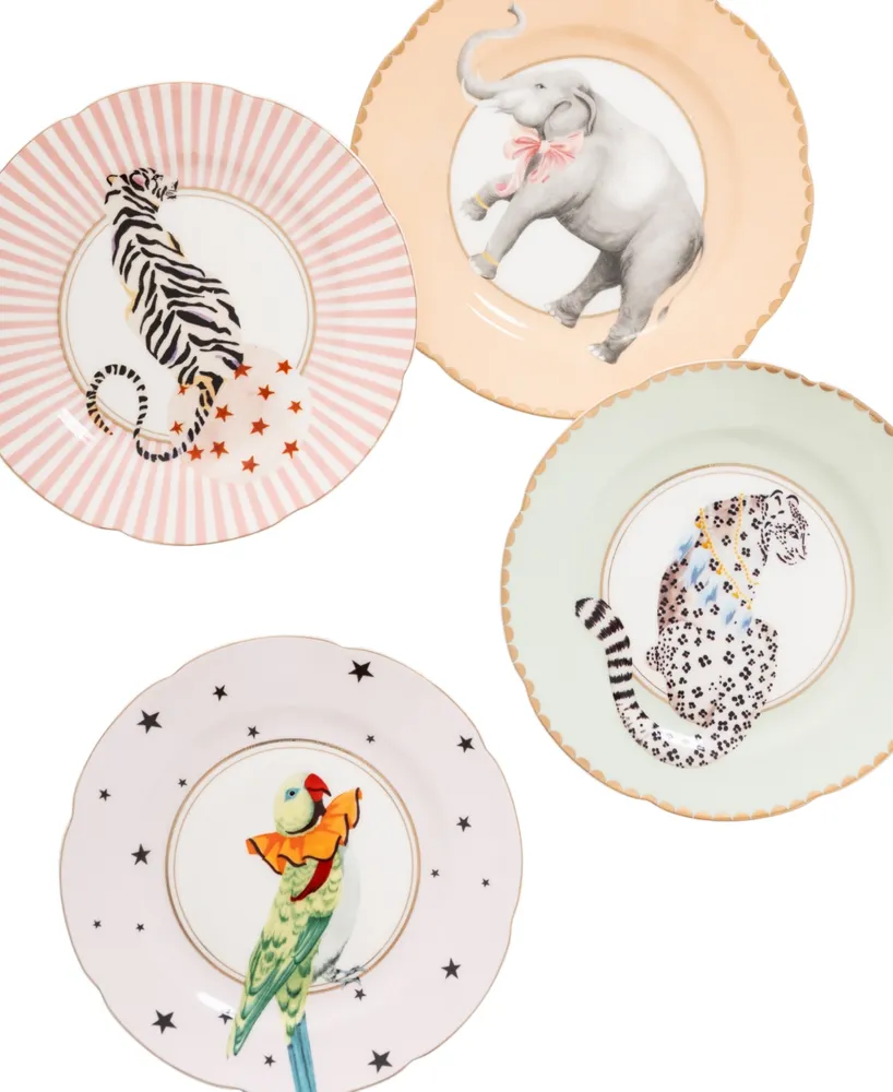 Yvonne Ellen Tiger, Leopard, Elephant, Parrot Tea Plates, Set of 4