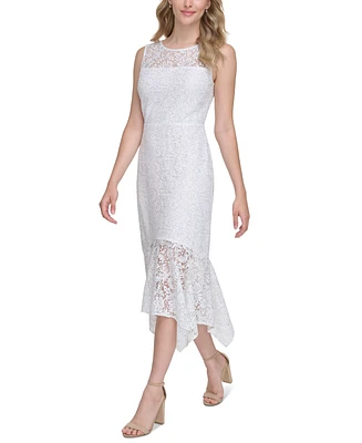 kensie Women's Floral Lace Handkerchief-Hem Midi Dress