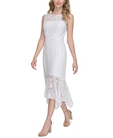 kensie Women's Floral Lace Handkerchief-Hem Midi Dress