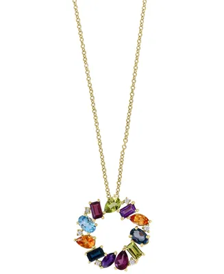 Effy Multi-Gemstone (3-7/8 ct. t.w.) & Diamond (1/10 ct. t.w.) Circle Cluster 18" Pendant Necklace in 14k Gold
