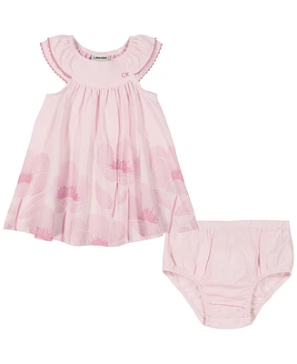 Calvin Klein Baby Girls Crinkle Jacquard Border Print Dress and Diaper Cover Set