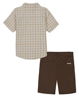 Calvin Klein Toddler and Little Boys Plaid Short Sleeve Button-Up Shirt Twill Shorts, 2 Piece Set