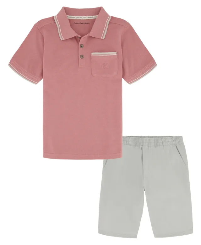 Calvin Klein Little Boys 2T-7 Short Sleeve Striped Jersey Polo Shirt &  Solid Twill Shorts Set