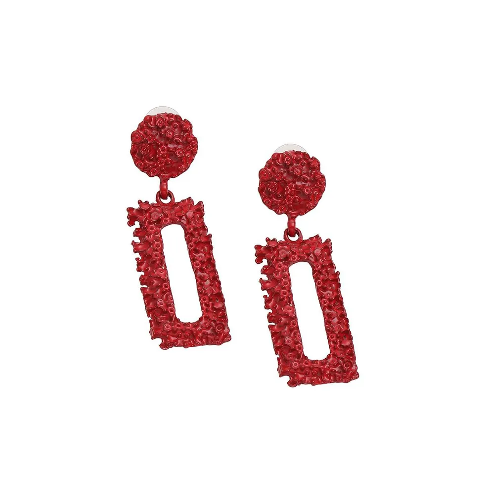 Sohi Women's Red Textured Geometric Drop Earrings