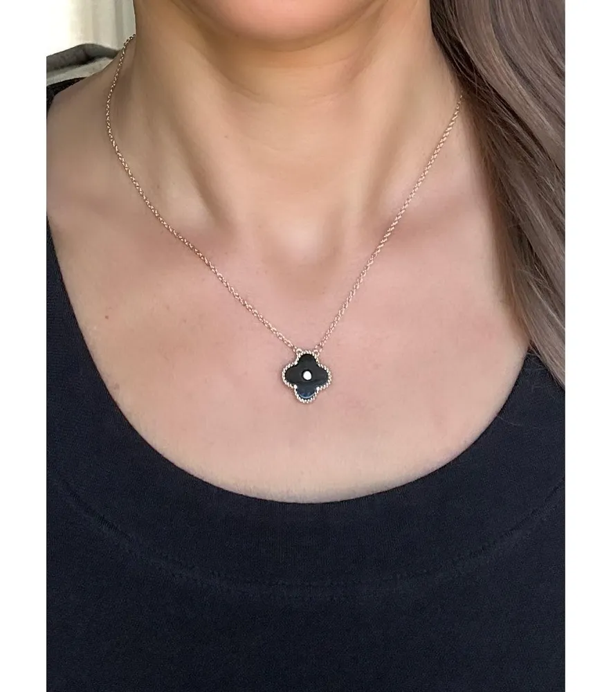 Onyx Clover and Cubic Zirconia Accent Necklace