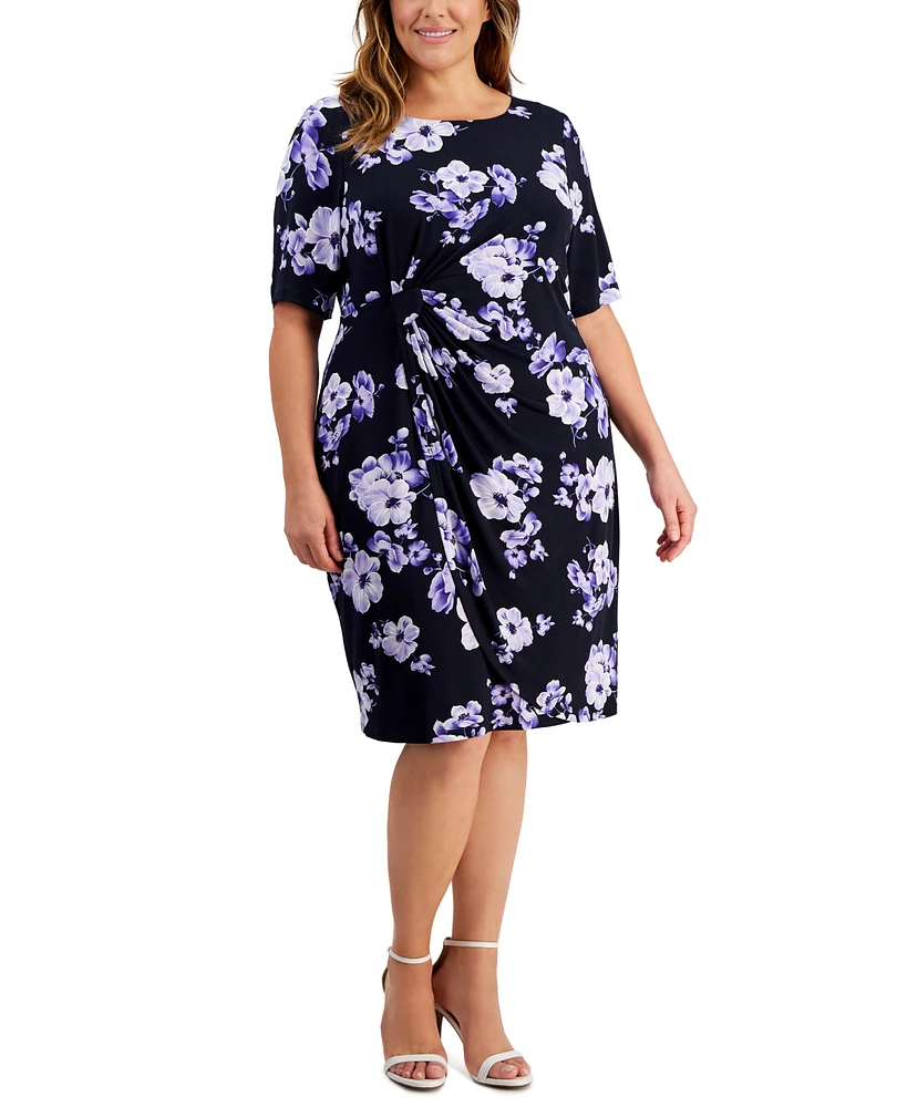 Connected Plus Size Floral-Print Faux-Wrap Dress