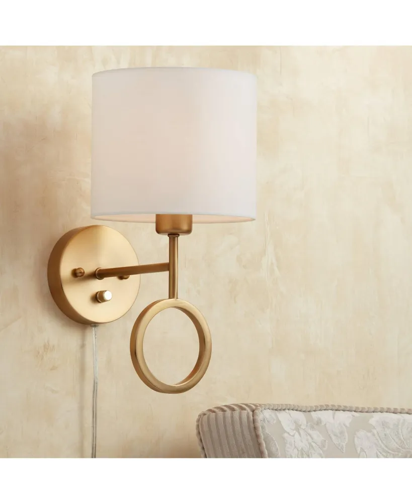 Amid on Modern Indoor Wall Mount Lamp Warm Brass Metal Ring Plug In Light Fixture Dimmable White Drum Shade for Bedroom Bedside House Reading Living R