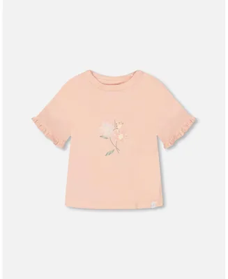 Girl Organic Cotton Top With Print And Frills Blush Pink