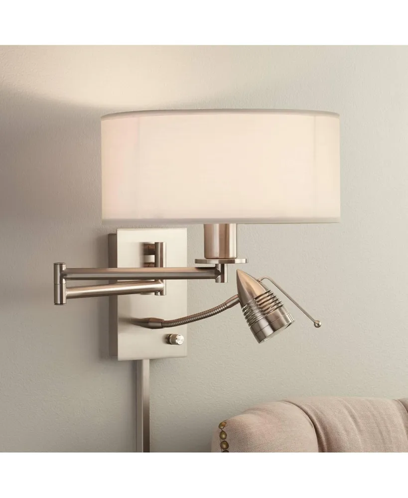 Tesoro Modern Swing Arm Wall Mounted Lamp Adjustable Led Brushed Nickel Plug-In Light Fixture Off White Drum Shade for Bedroom Bedside House Reading L