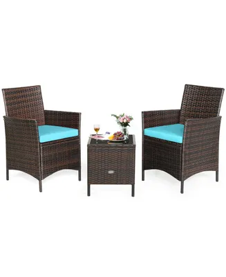 Sugift 3 Pieces Patio Cushioned Rattan Conversation Set With Glass Table Top