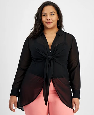 Bar Iii Trendy Plus Tie-Front Long-Sleeve Blouse, Created for Macy's