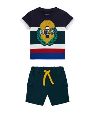 Guess Baby Boys Short Sleeve Stripe T Shirt with Applique Graphic and French Terry Cargo Shorts, 2 Piece Set