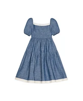 Hope & Henry Girls' Short Bubble Sleeve Crochet Trim Chambray Dress