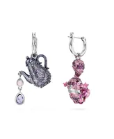 Swarovski Asymmetrical Design, Cat and Teapot, Multicolored, Rhodium Plated Alice In Wonderland Drop Earrings