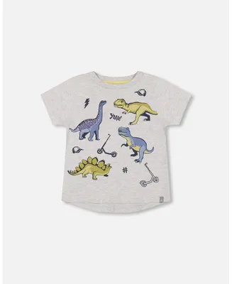 Boy Organic Cotton T-Shirt With Dino Print Light Gray Mix - Child