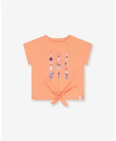 Girl Organic Cotton Top With Print And Knot Salmon Orange