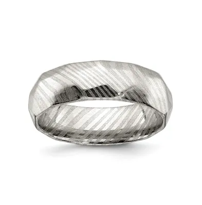 Chisel Damascus Steel Polished Faceted 7mm Band Ring