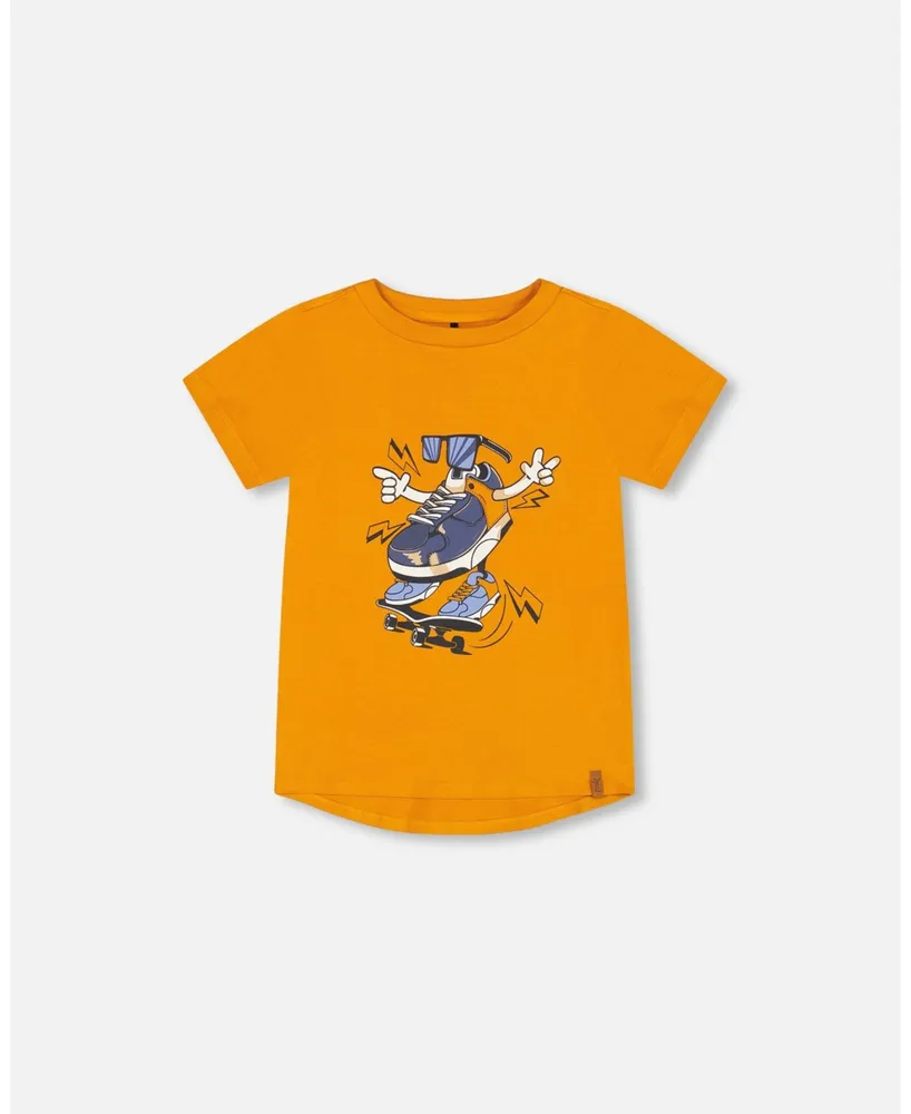 Boy Organic Cotton T-Shirt With Sneaker Print Orange - Toddler|Child