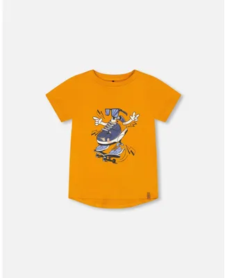 Boy Organic Cotton T-Shirt With Sneaker Print Orange