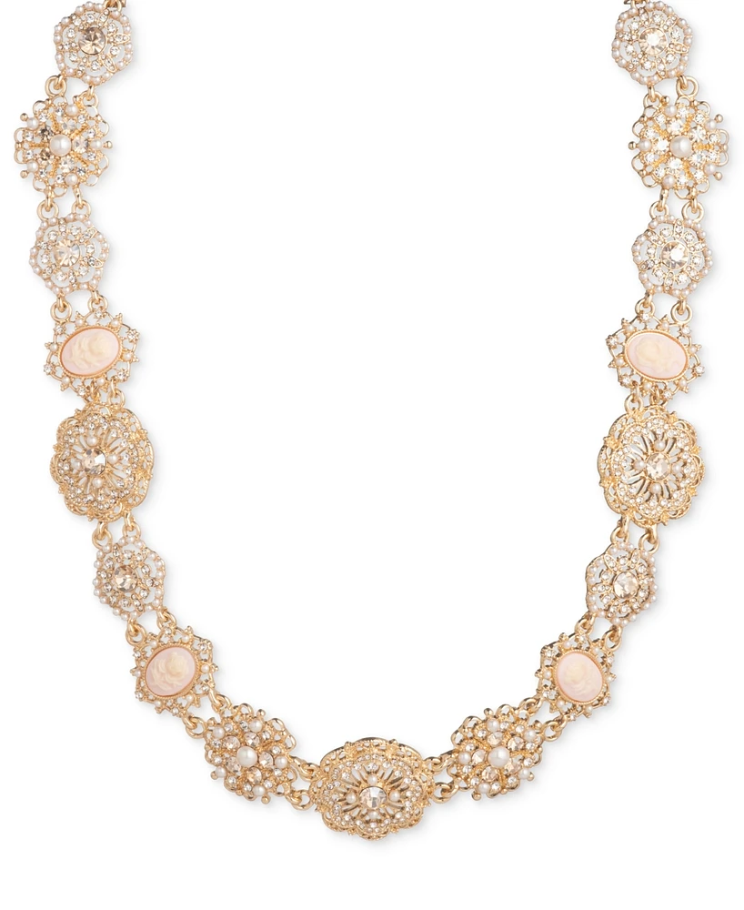 Marchesa Gold-Tone Crystal & Imitation Pearl Flower Cameo Collar Necklace, 16" + 3" extender