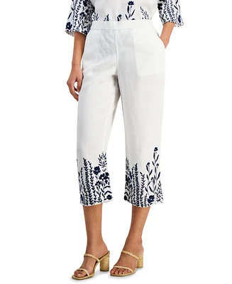 Charter Club Women's 100% Linen Embroidered Cropped Pants, Created for Macy's