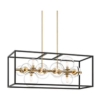 Possini Euro Design Fitzgerald Matte Black Gold Linear Pendant Chandelier 38" Wide Mid Century Modern Open Rectangular Frame Clear Globe Glass 12-Ligh