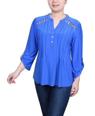 Ny Collection Women's Long Sleeve Pintuck Front Top with Chain Details