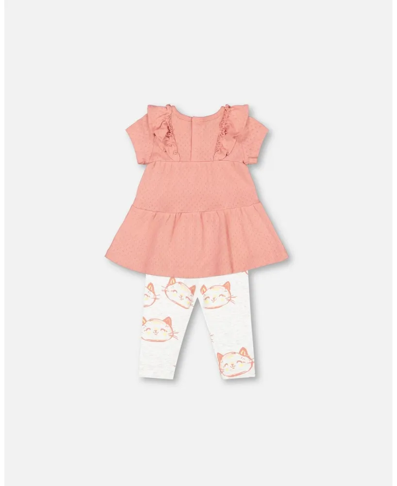 Baby Girl Organic Cotton Point Elle Knit Dress And Printed Cats Leggings Set Old Rose - Infant